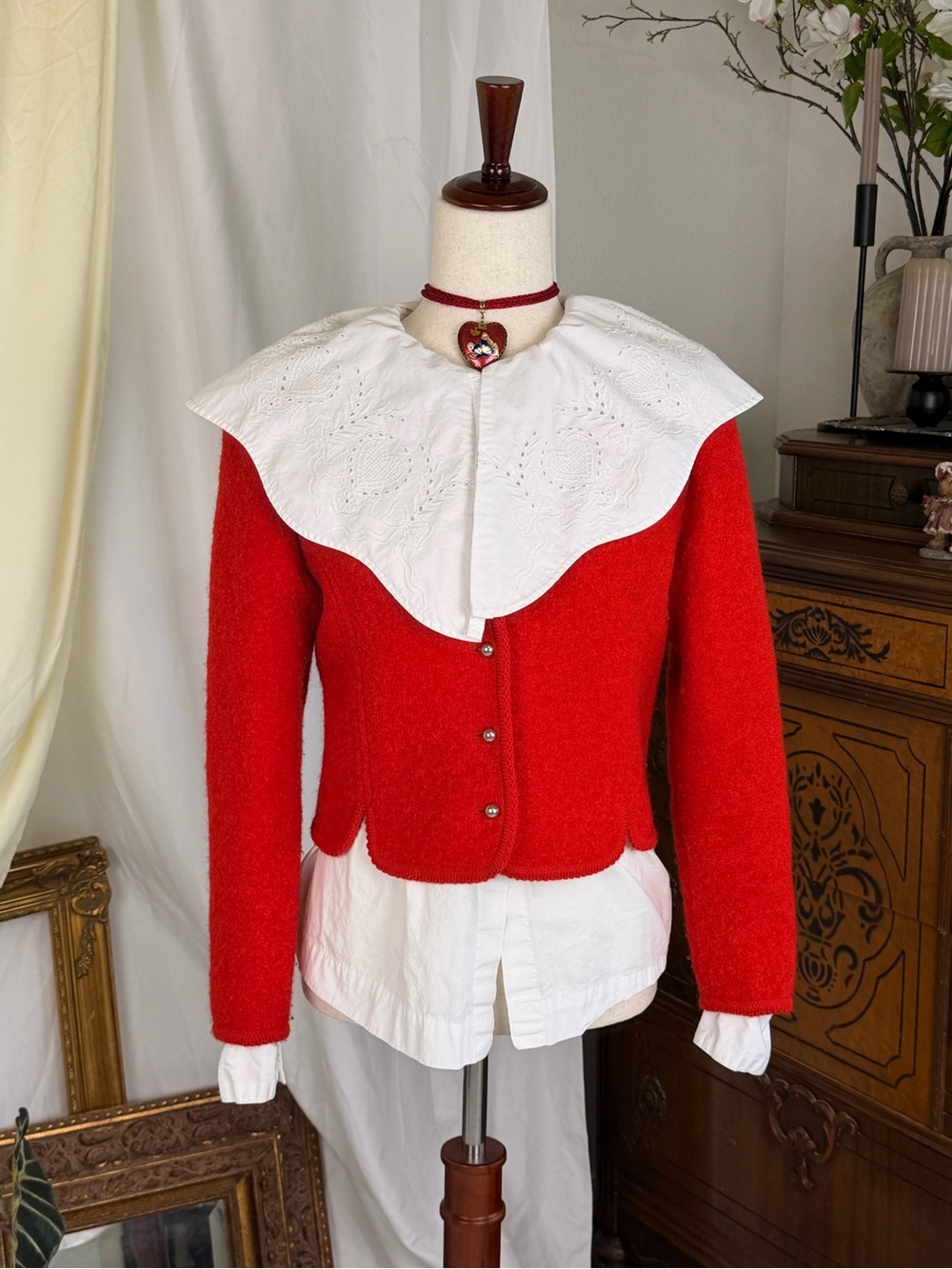 VTG 100% Wool Red Cropped Cardigan Blazer Retro Coquette 90s XS